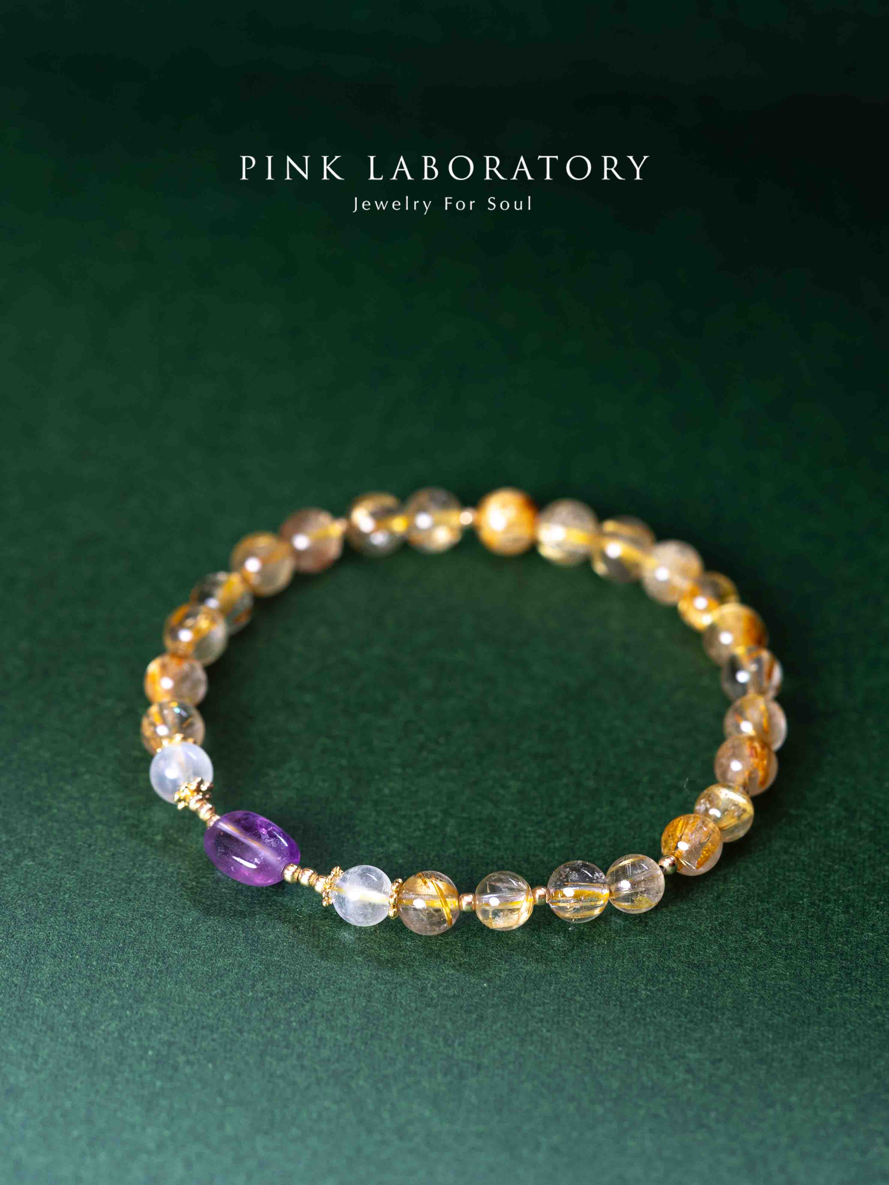 金髮晶紫水晶月亮石14K鍍金手鍊