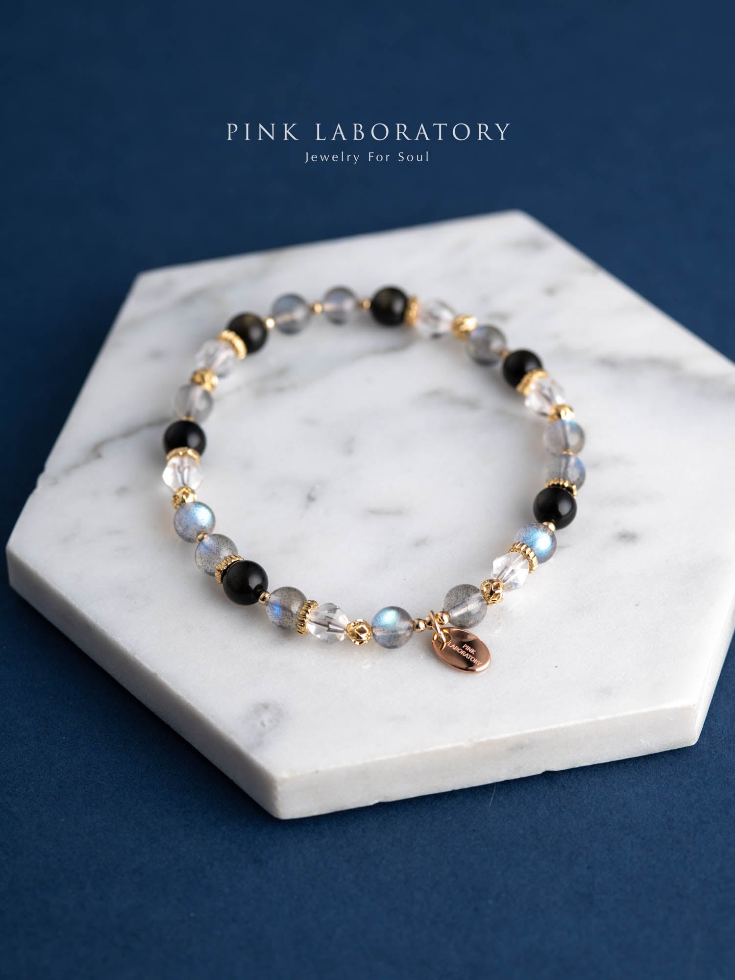 拉長石黑曜石白水晶手鍊