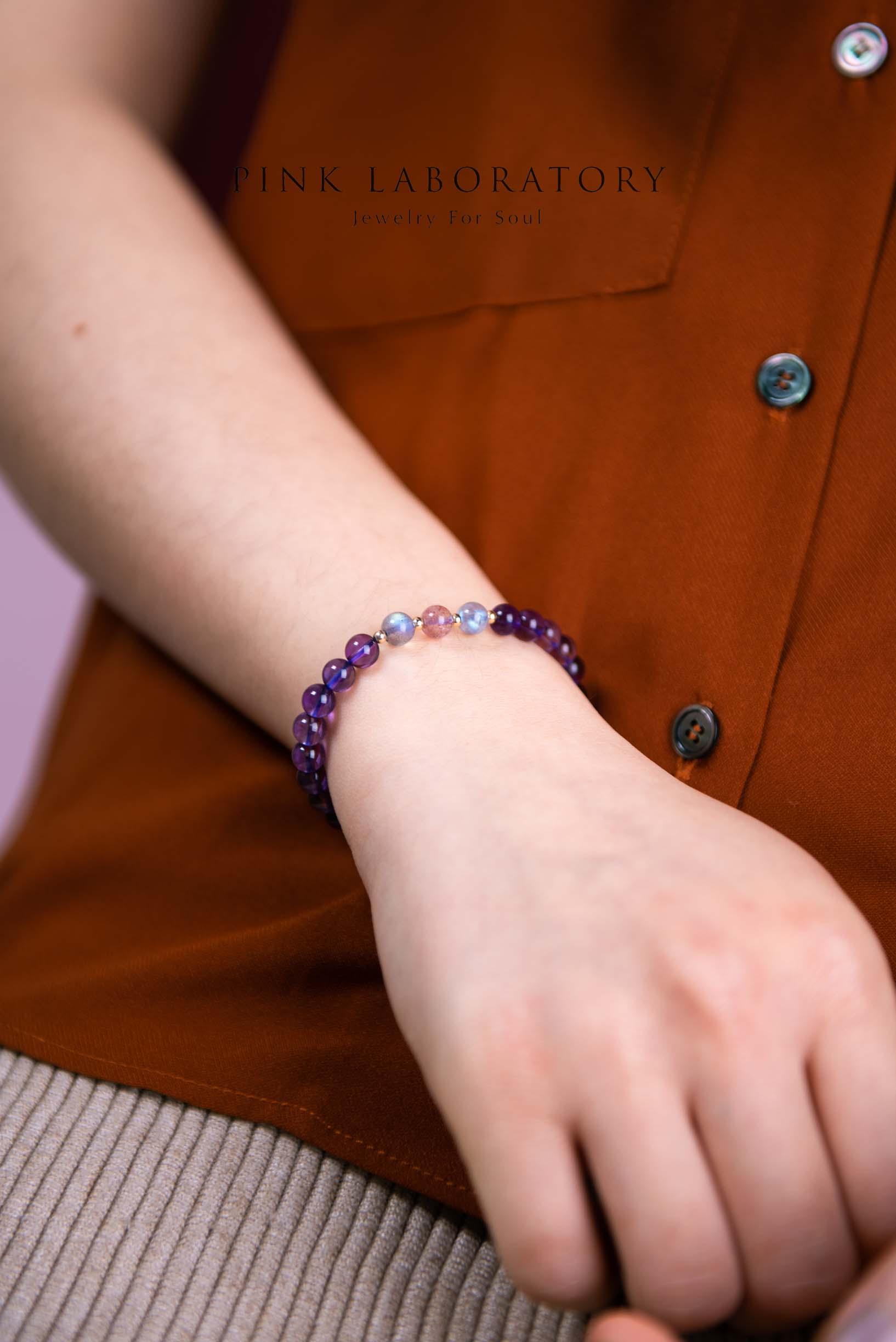 巴西紫水晶14K包金手鍊 | 拉長石草莓晶 | 單圈