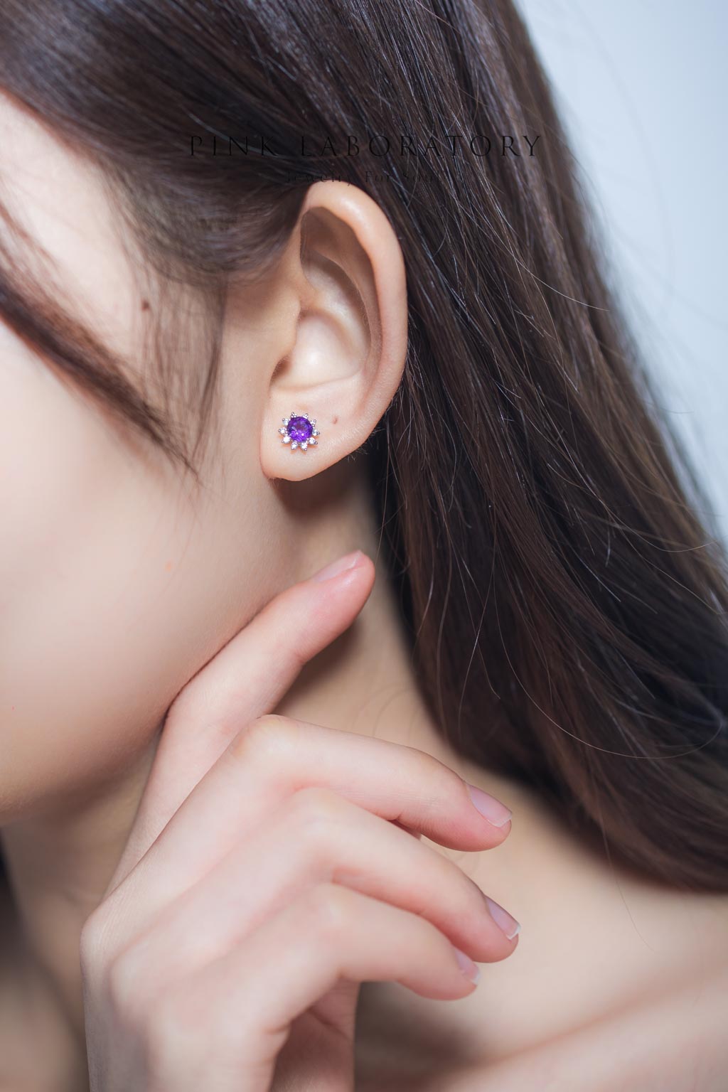 紫水晶925純銀精鍍亮澤白金耳環