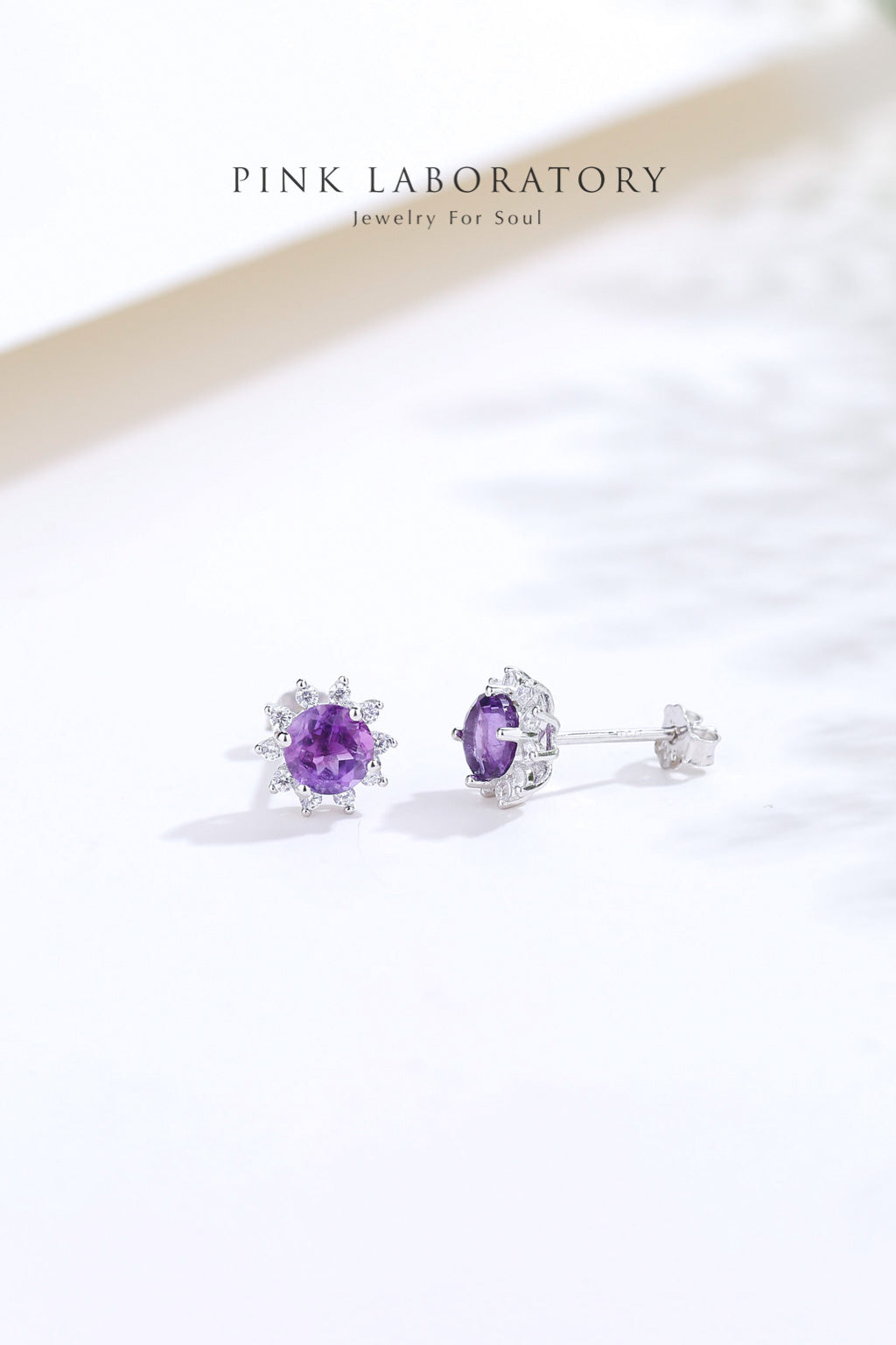 紫水晶925純銀精鍍亮澤白金耳環