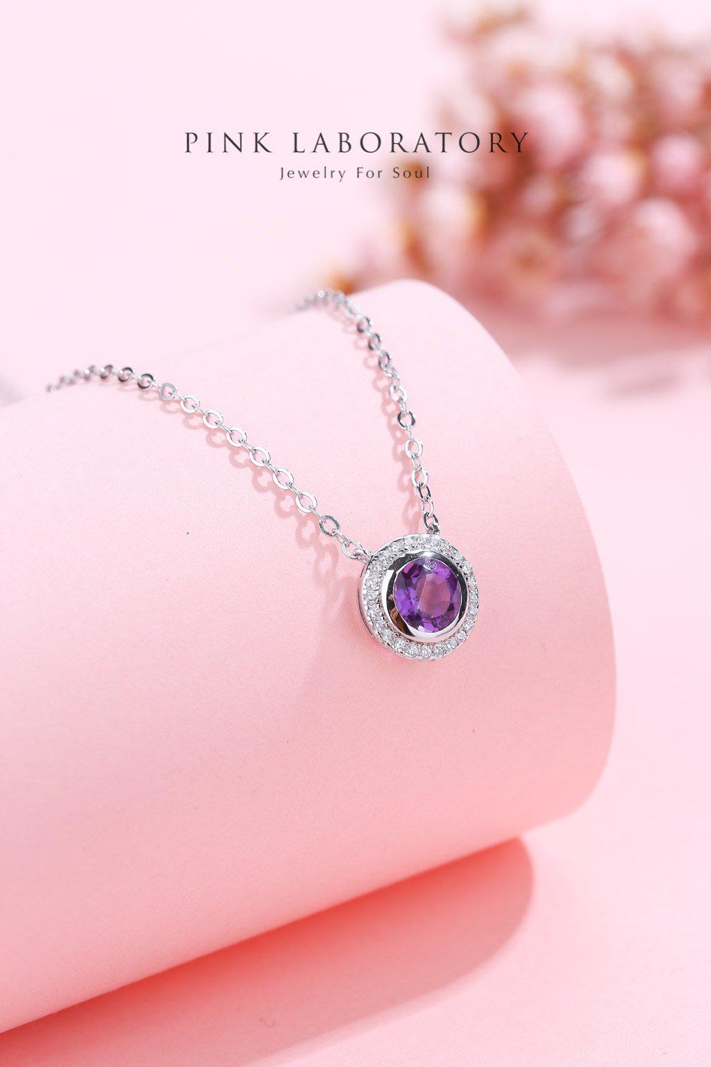 紫水晶925純銀精鍍亮澤白金項鍊 - Pink Laboratory