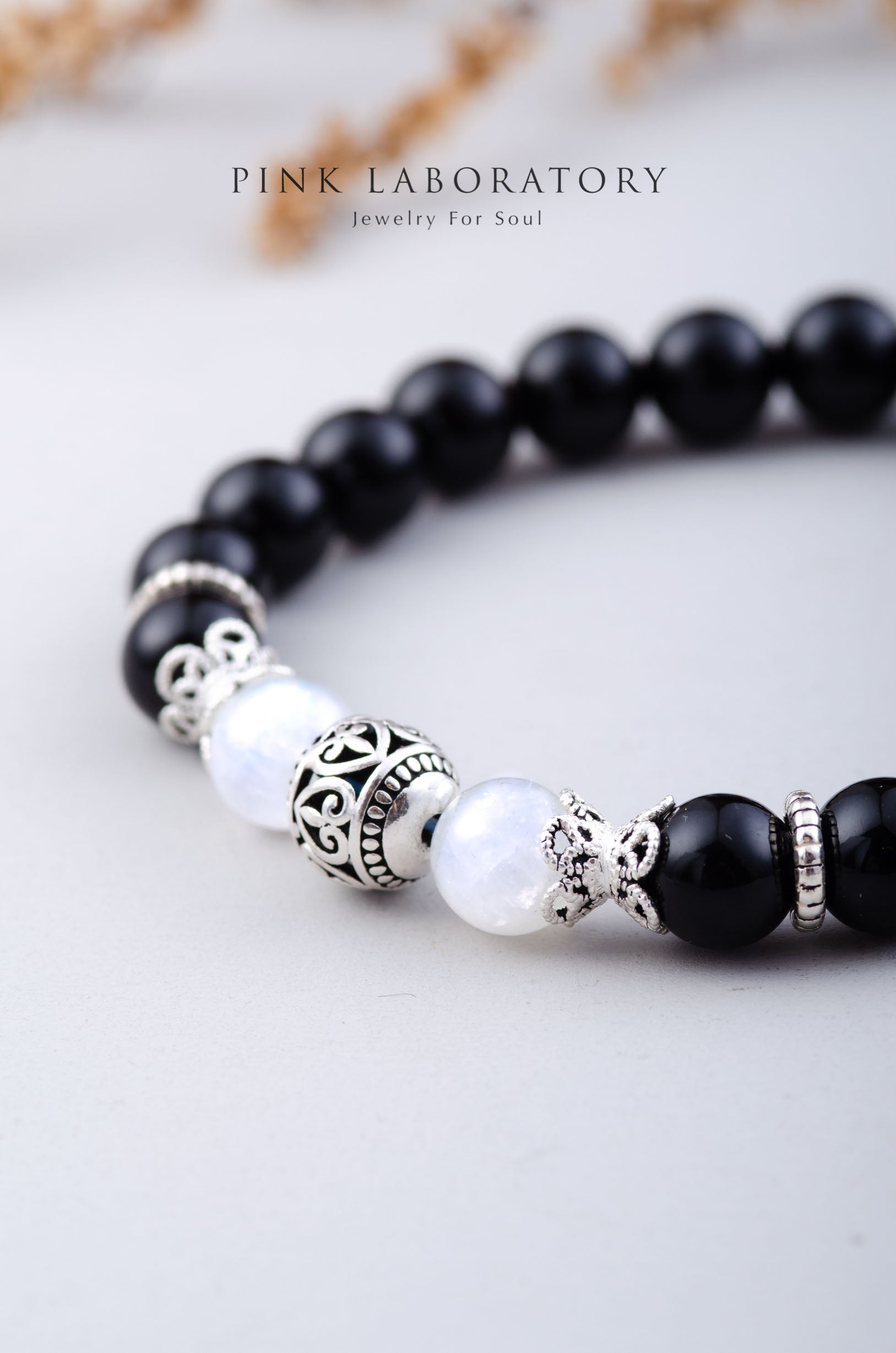 黑瑪瑙月光石手鍊 | 925純銀 | 8mm | 泰銀