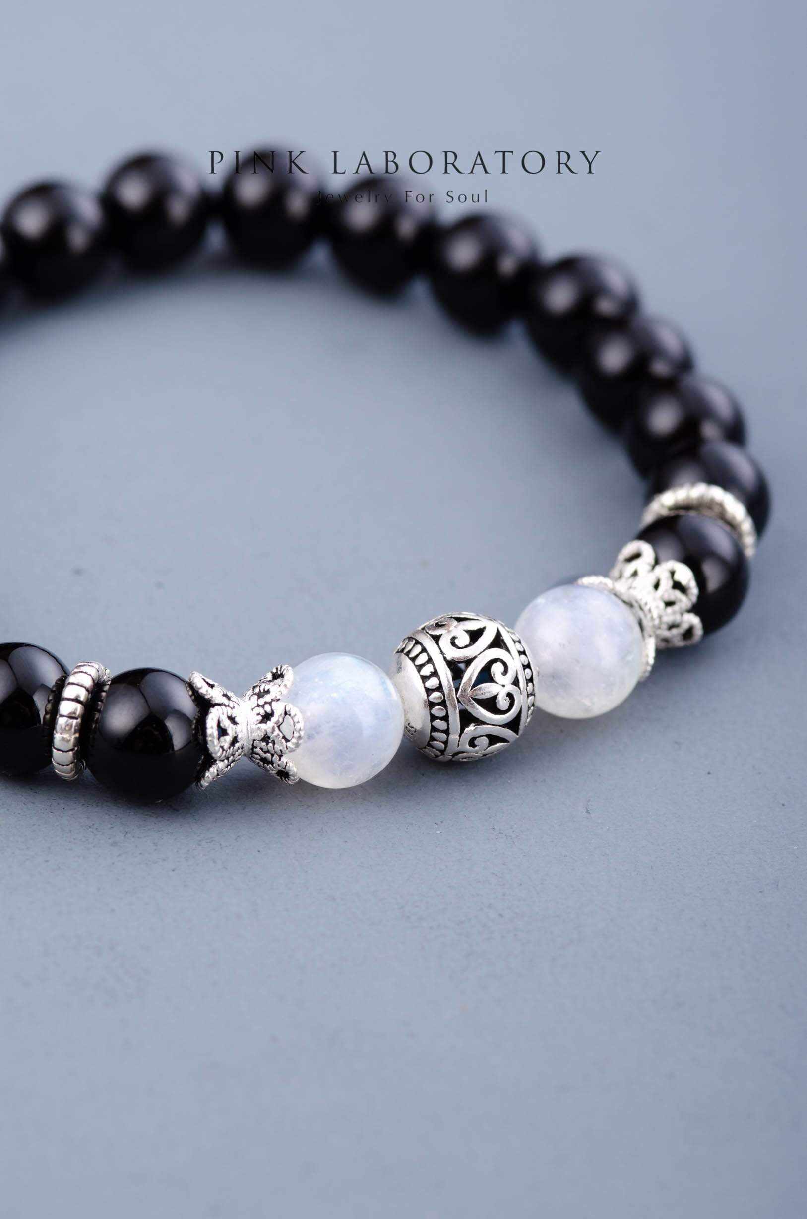 黑瑪瑙月光石手鍊 | 925純銀 | 8mm | 泰銀 - Pink Laboratory