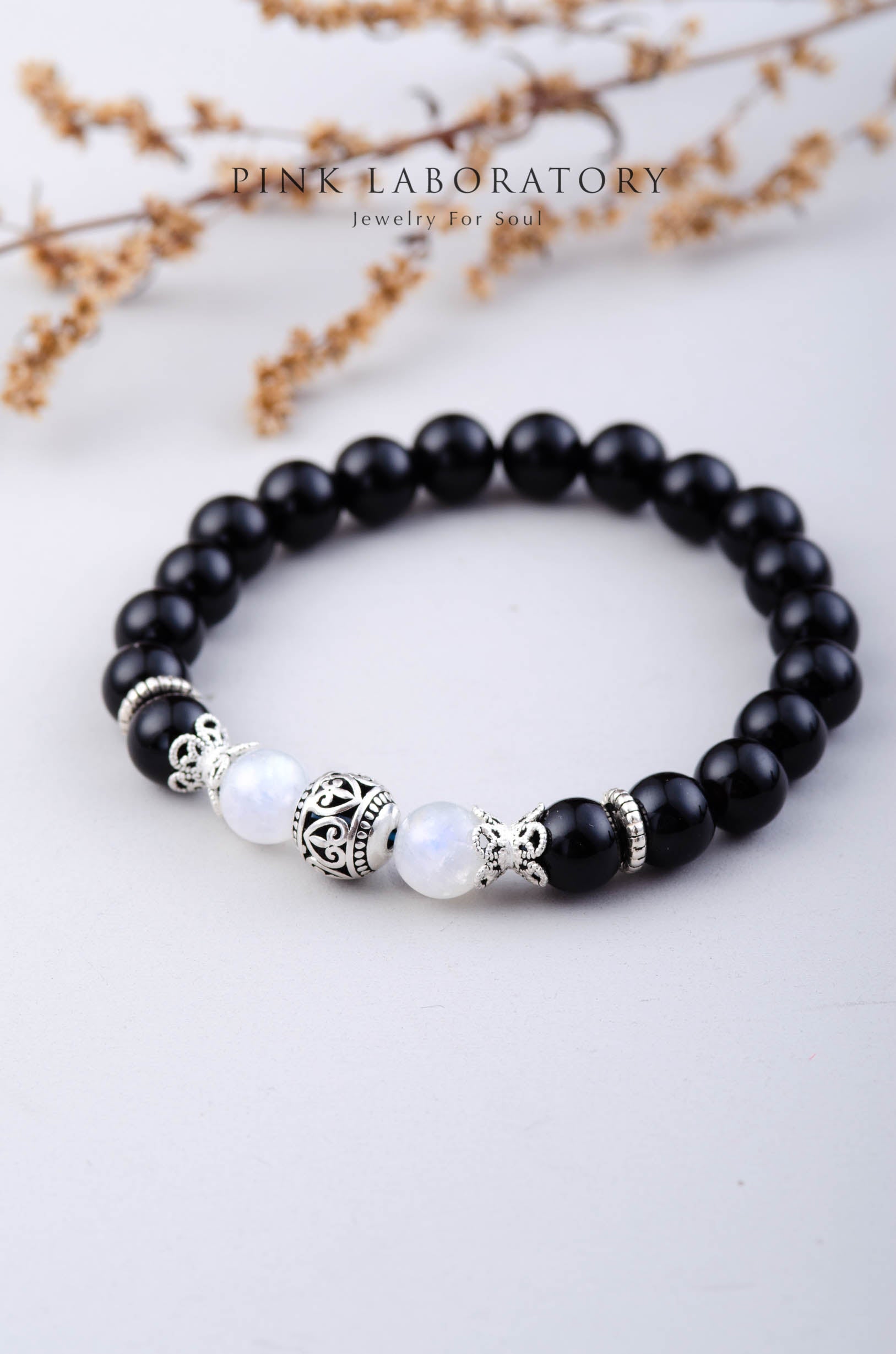 黑瑪瑙月光石手鍊 | 925純銀 | 8mm | 泰銀