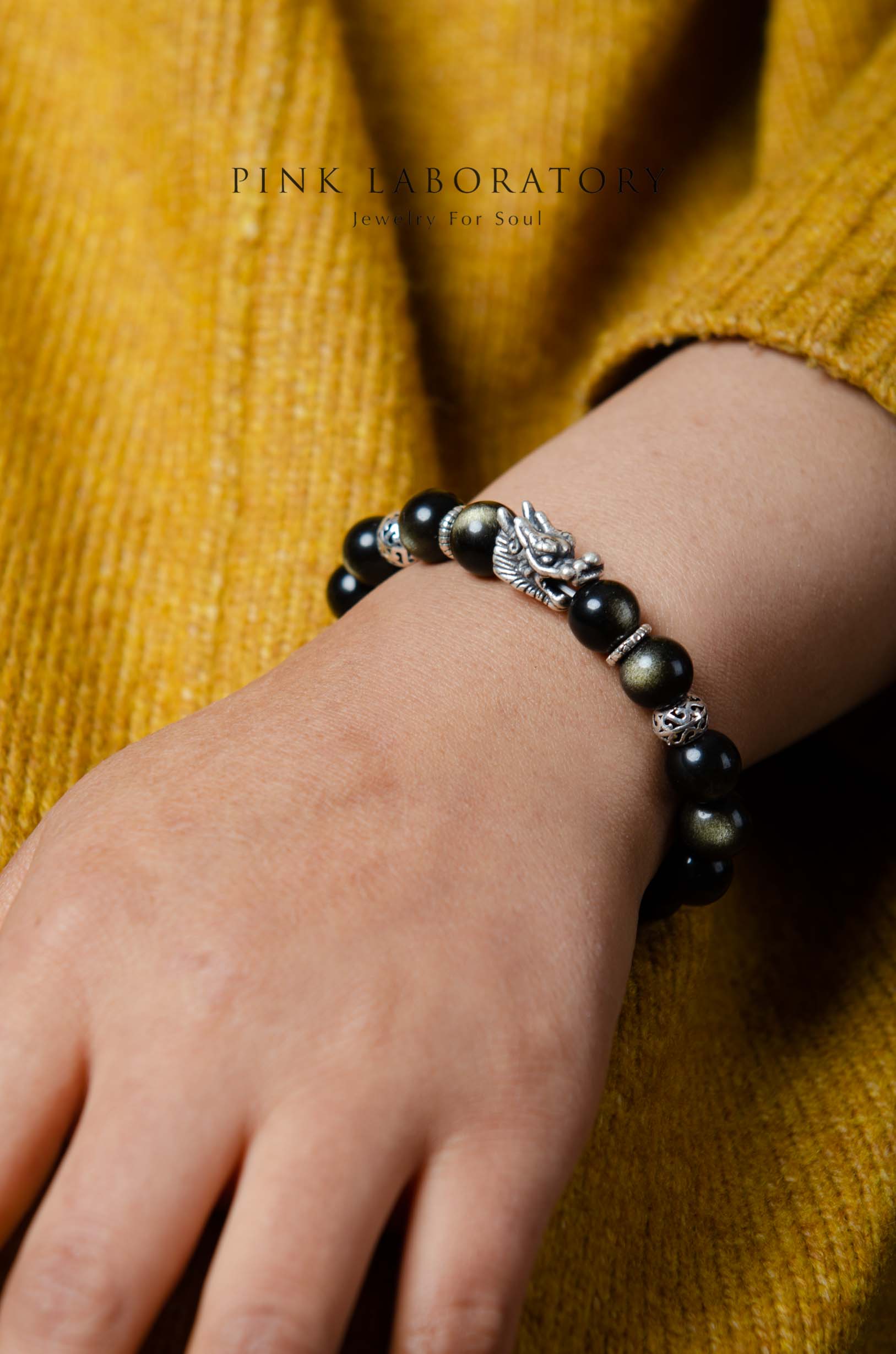 5A級金曜石925純銀手鍊 | 黑曜石 | 龍頭