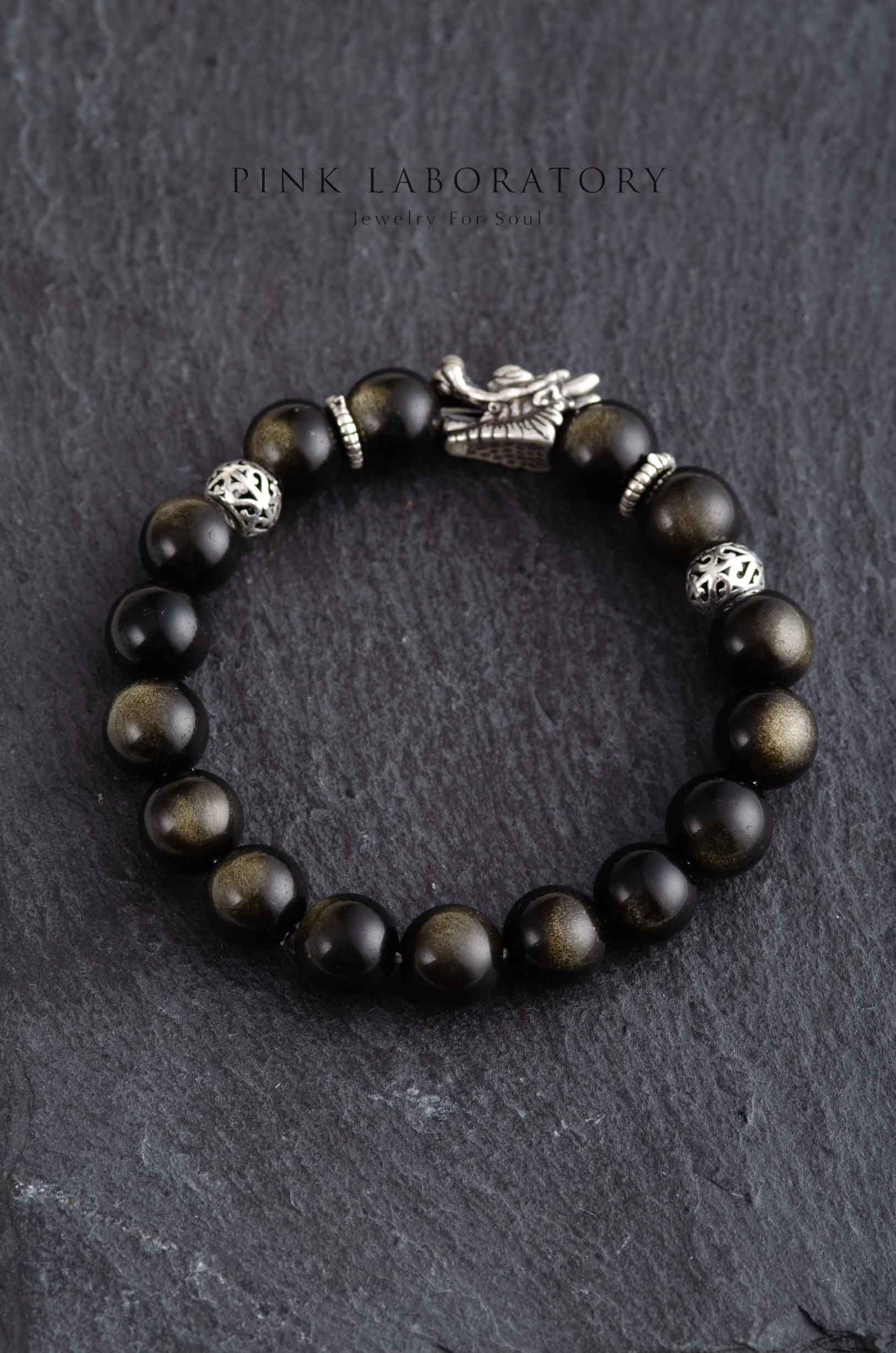 5A級金曜石925純銀手鍊 | 黑曜石 | 龍頭