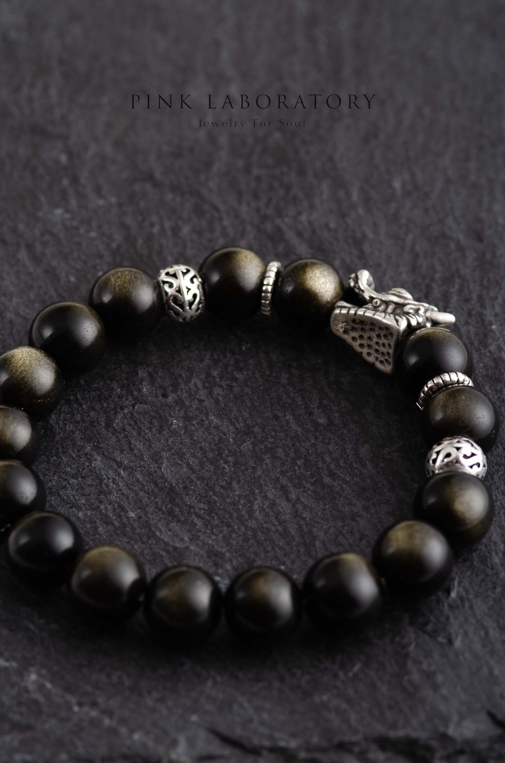 5A級金曜石925純銀手鍊 | 黑曜石 | 龍頭