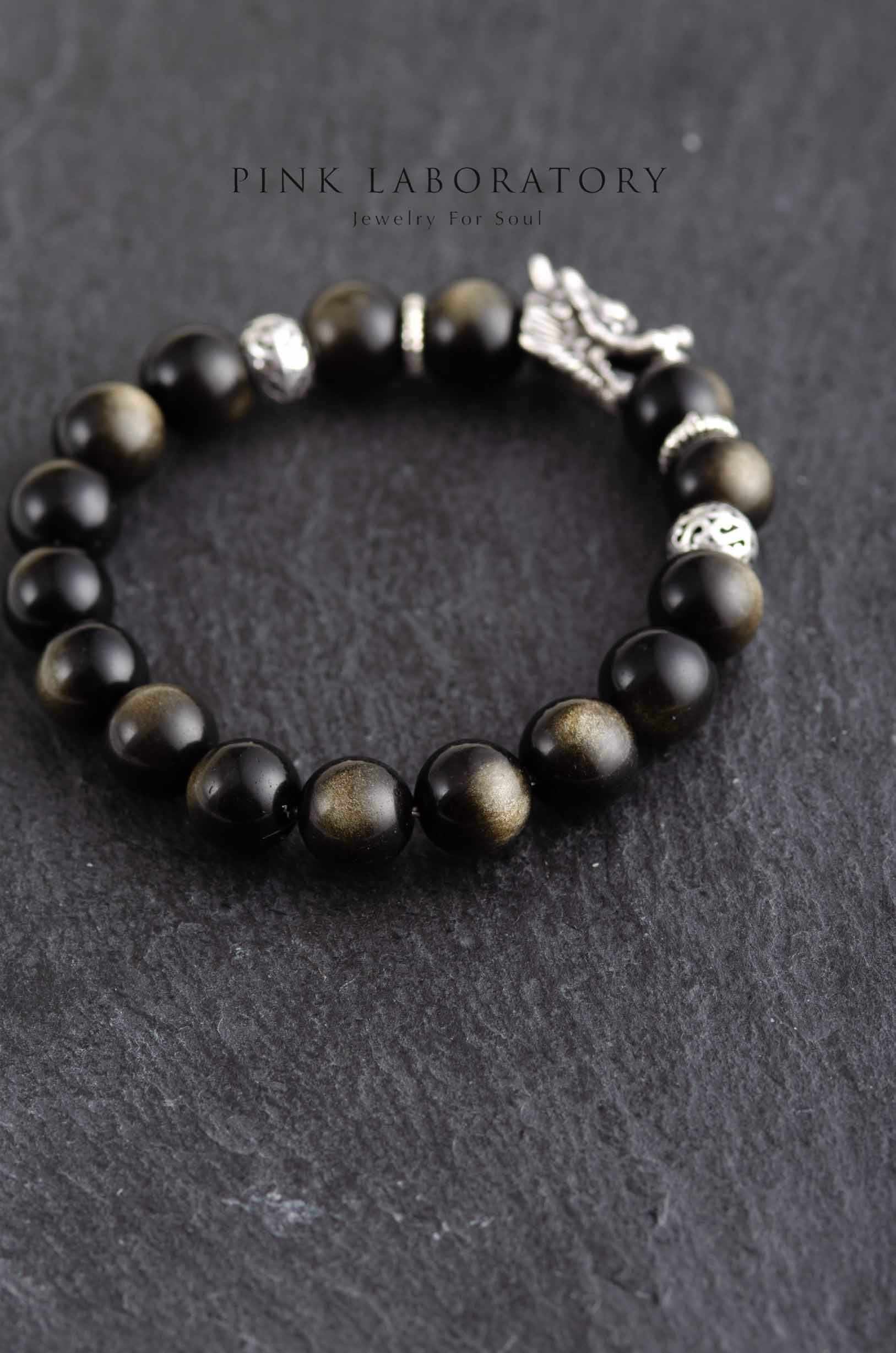 5A級金曜石925純銀手鍊 | 黑曜石 | 龍頭 - Pink Laboratory