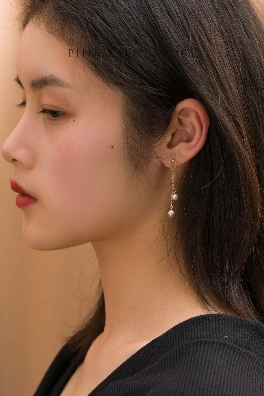 粉紫色正圓天然淡水珍珠14K包金耳環