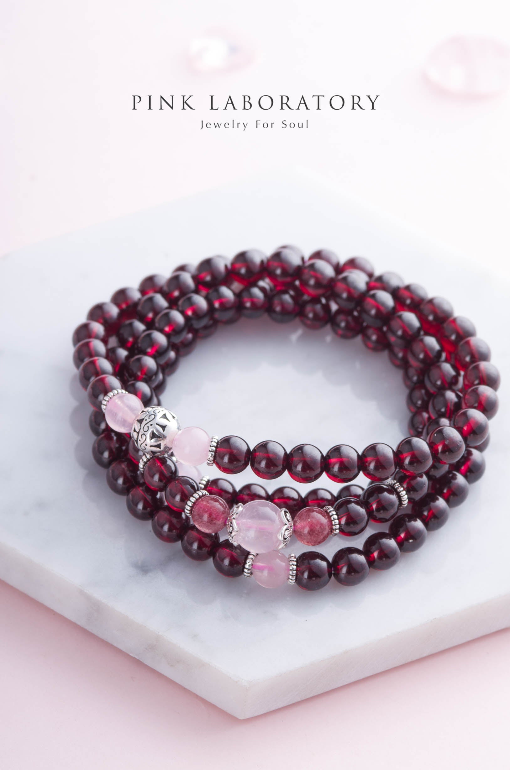 石榴石粉水晶念珠手鍊 | 108佛珠 | 6mm