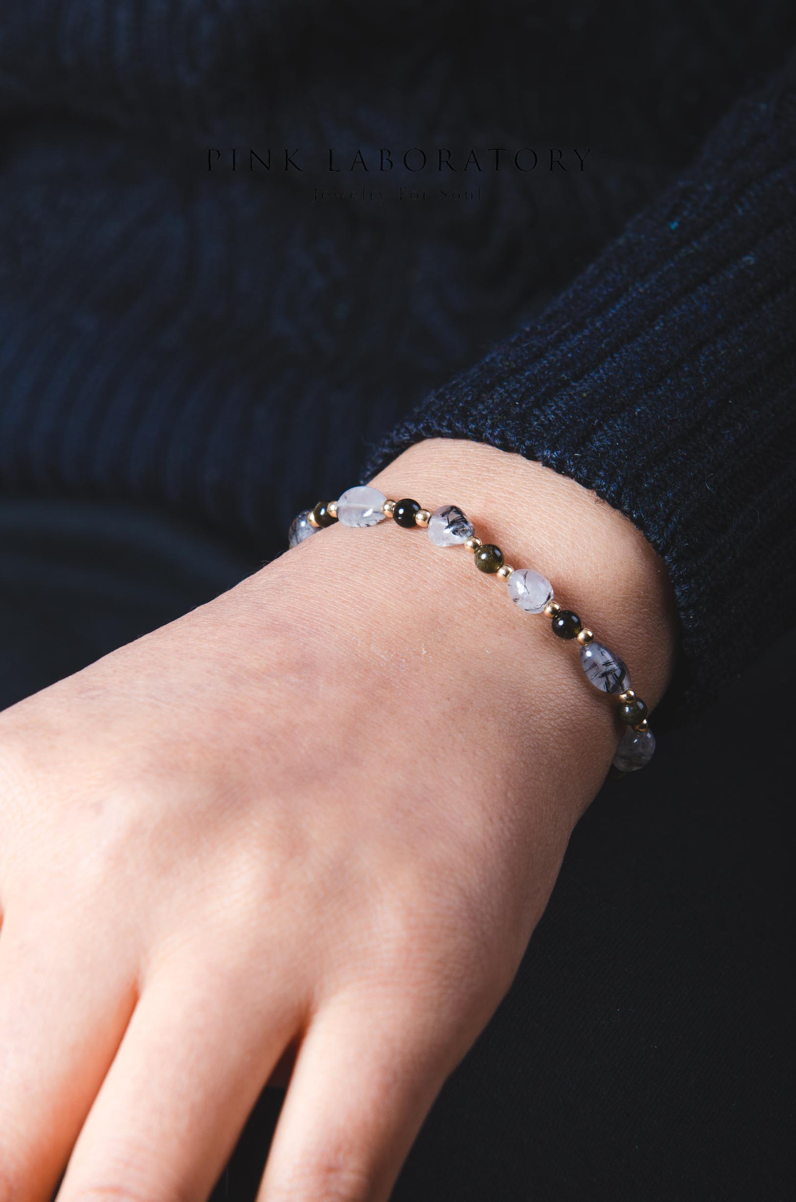 黑髮晶金曜石手鍊 | 不規則黑曜石 | 14K包金