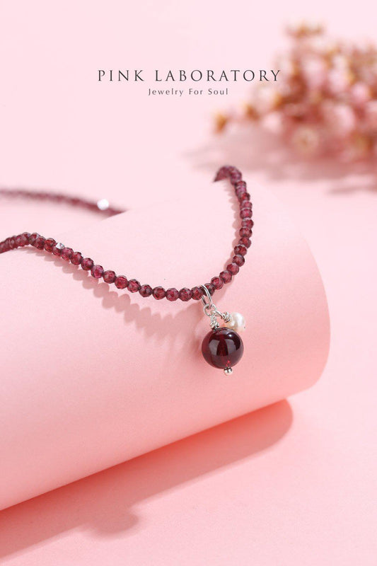 石榴石珍珠925純銀項鍊 - Pink Laboratory