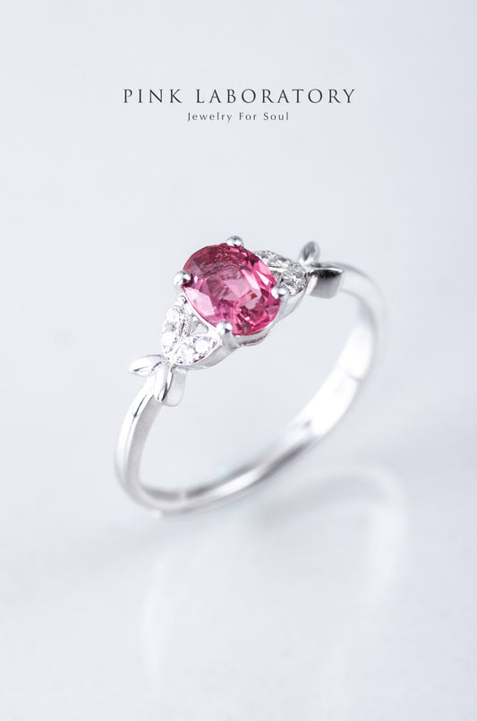 深粉紅碧璽925純銀鍍白金戒指